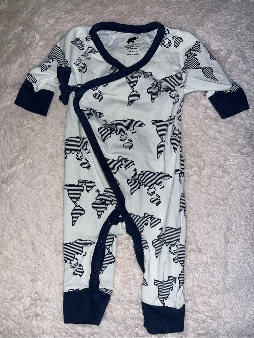 Monica & Andy Unisex Navy & White World Map One-Piece Bodysuit - Soft Snap Front